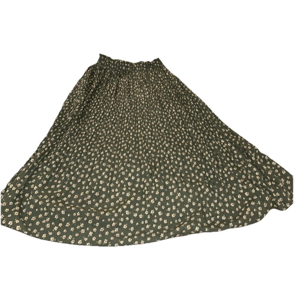 Exlura Green Ditsy Floral Pleated Midi Skirt M Boho Cottagecore Swing High Waist